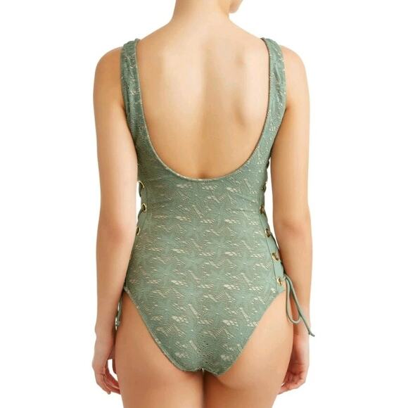 Sage Green Crochet Lace One-Piece Swimsuit Nude Lining Sexy Lace Up Side Medium - Picture 3 of 14